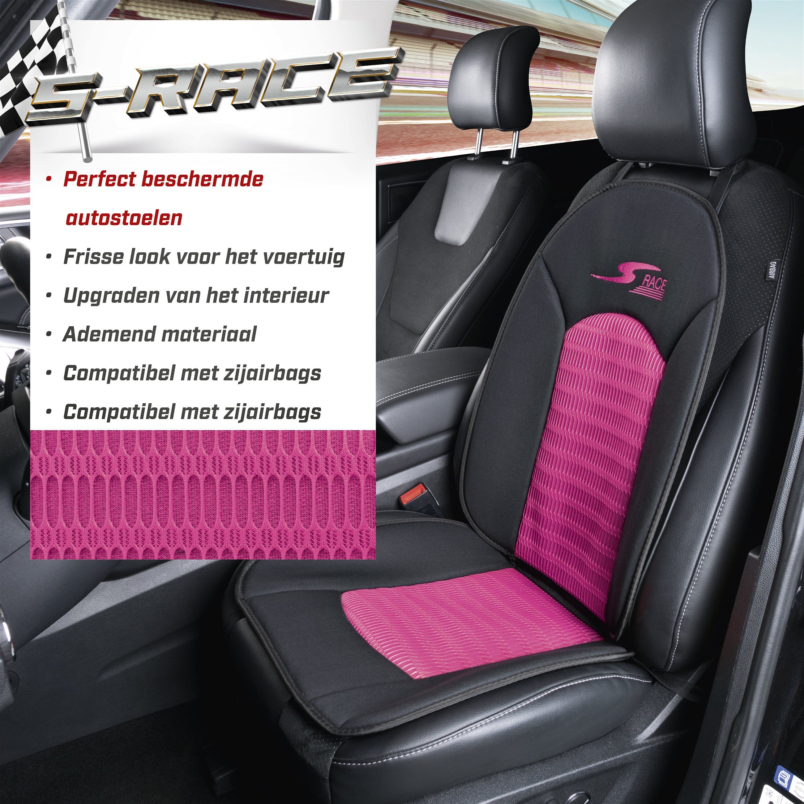 Autostoelhoes, bekleding S-Race in roze/zwart