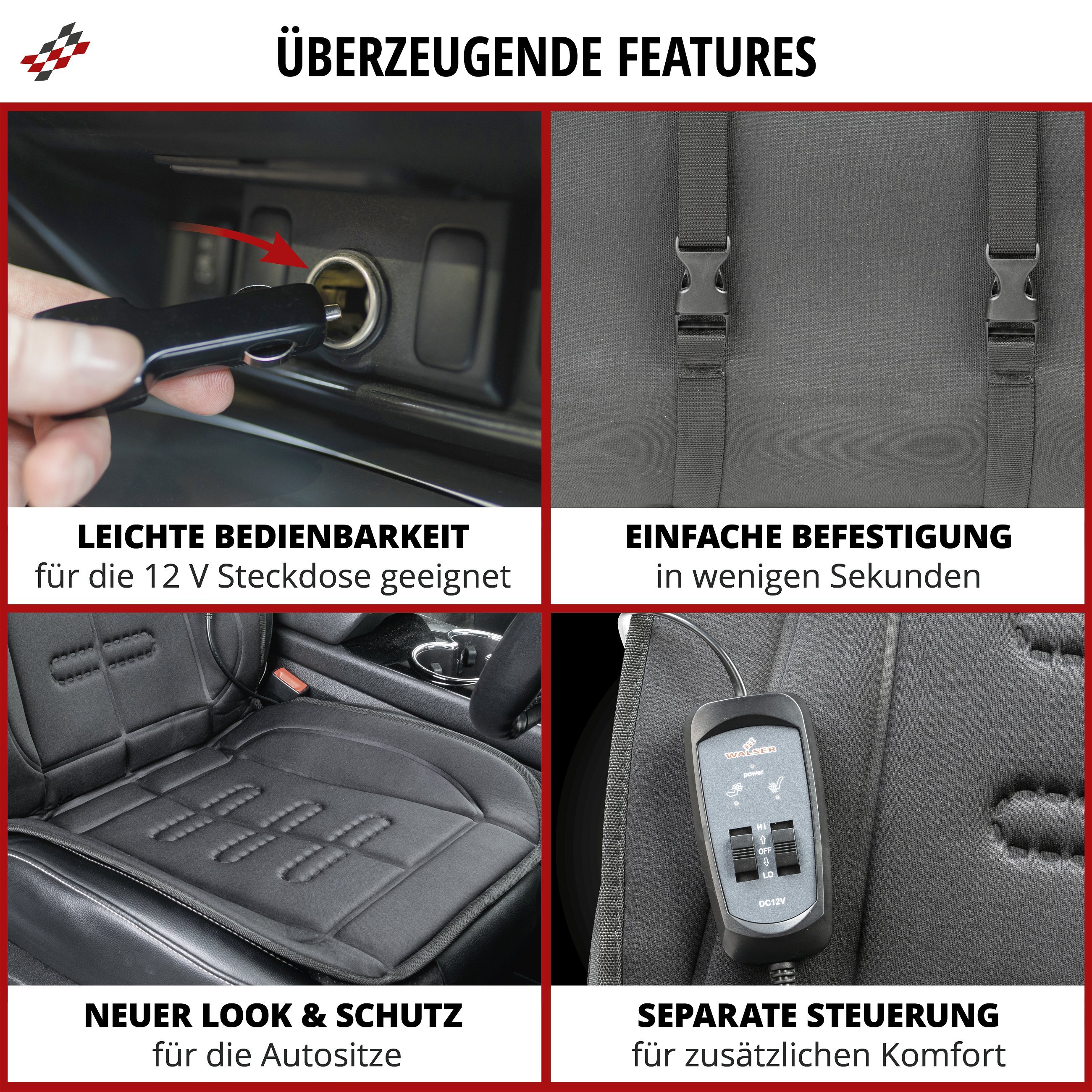 Premium Sitzauflage beheizbar, Modell Caldo - Sitzlehne & Sitzfläche  individuell beheizbar, 2 Heizstufen wählbar, Auto Sitzheizung mit  12-Volt-Stecker