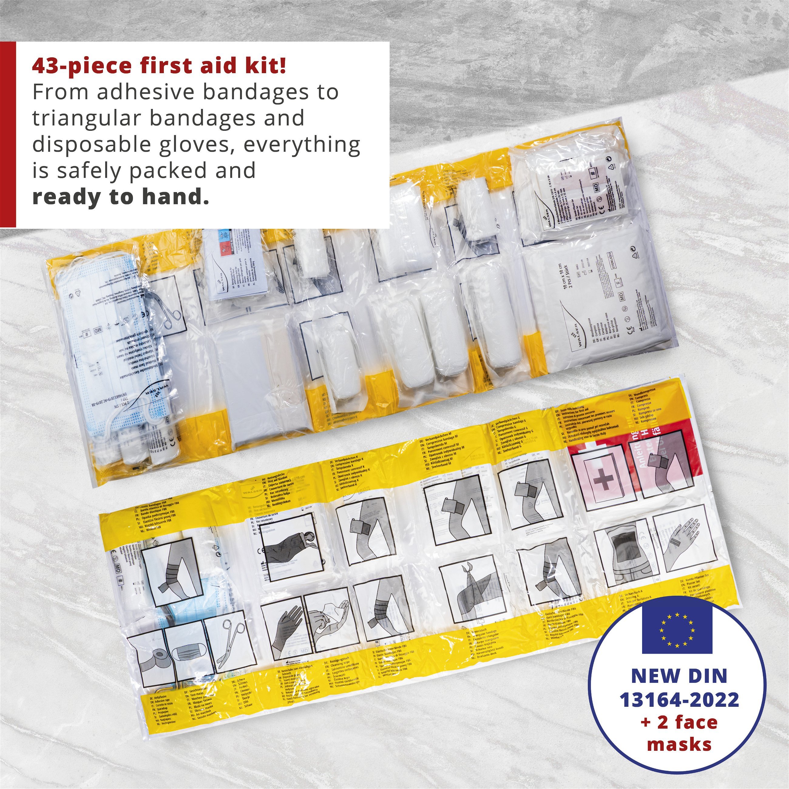 Red first aid kit for the car, compliant with DIN 13164:2022, car first aid kit, red car emergency kit