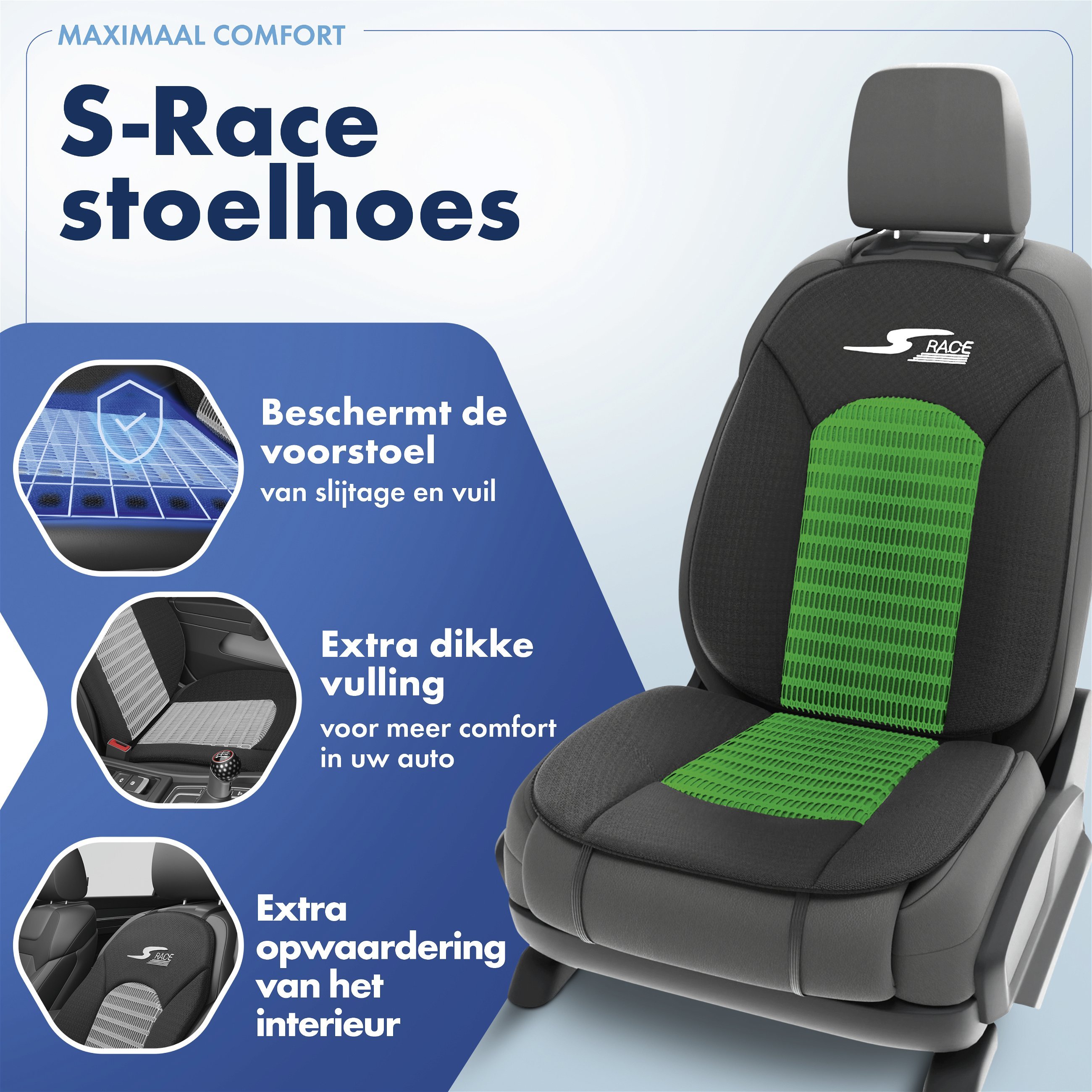 Autostoelhoes, bekleding S-Race in groen/zwart