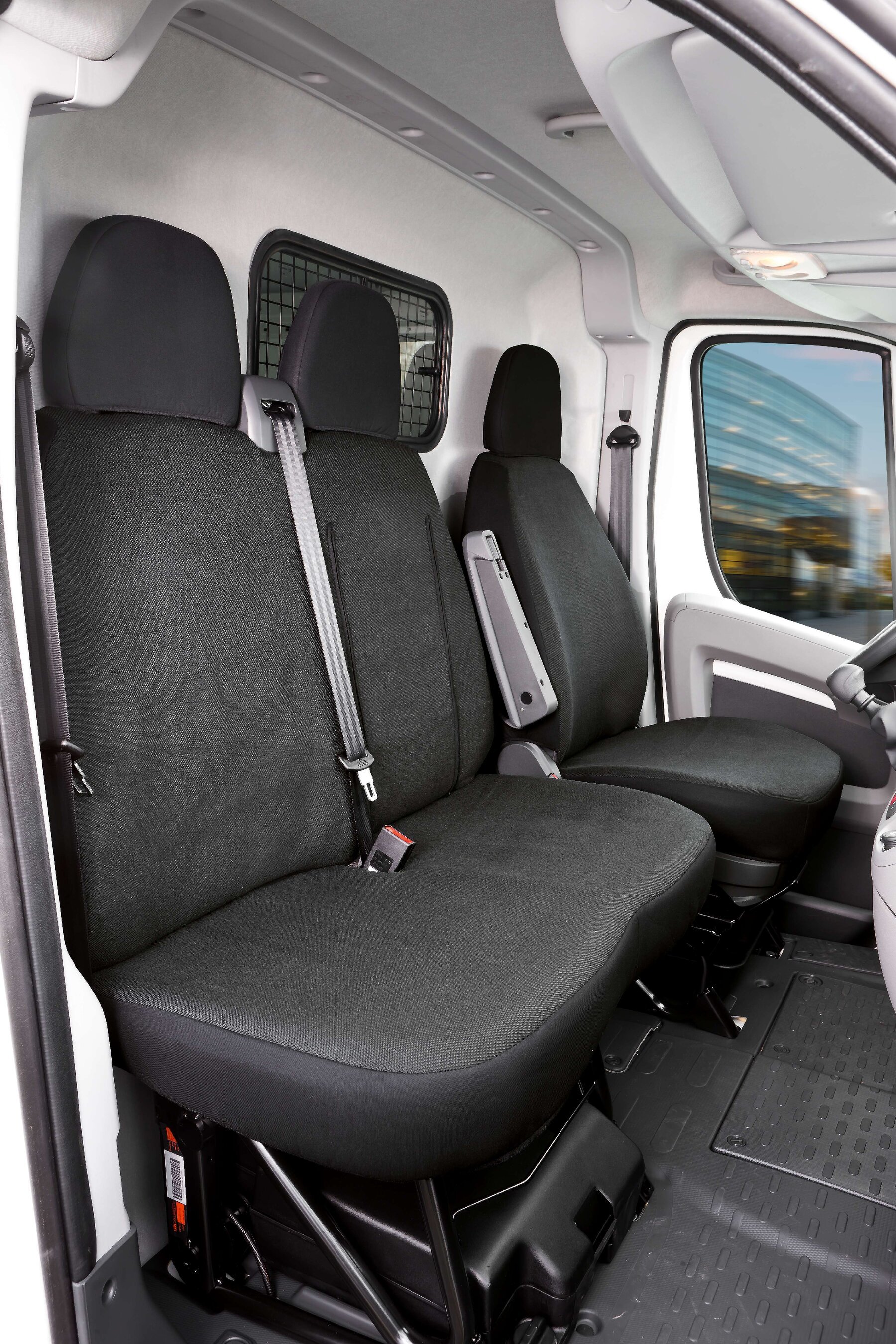 Passform Sitzbezug aus Stoff kompatibel mit Citroen Jumper, Fiat Ducato, Peugeot Boxer, Einzelsitz Armlehne innen & Doppelbank