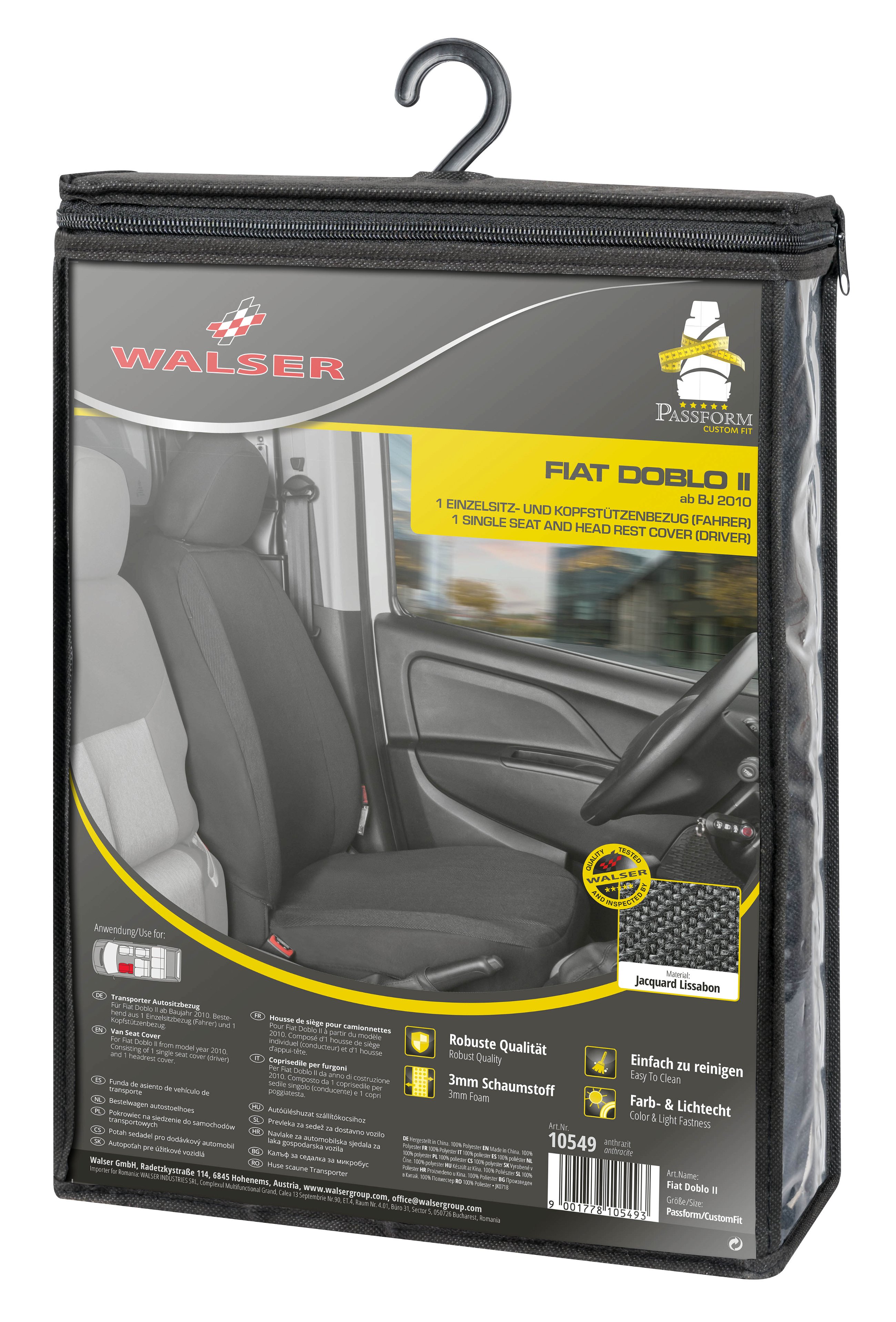 Passform Sitzbezug aus Stoff kompatibel mit Fiat Doblo (263), Einzelsitz Fahrer Armlehne innen