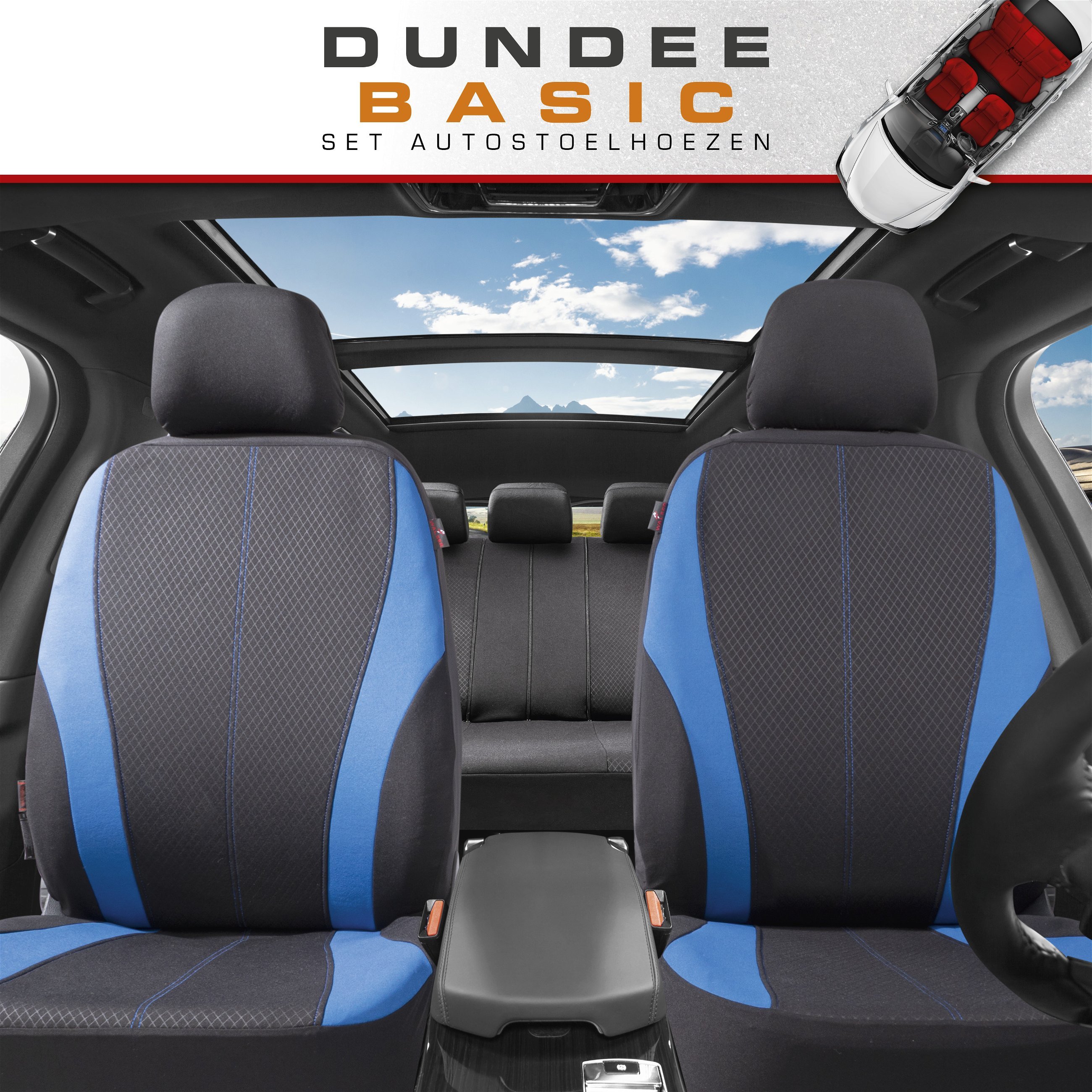 Autostoelbekleding Dundee met Zipper ZIPP-IT, Autostoelhoes set, 2 stoelbeschermer voor voorstoel, 1 stoelbeschermer voor achterbank zwart/blauw
