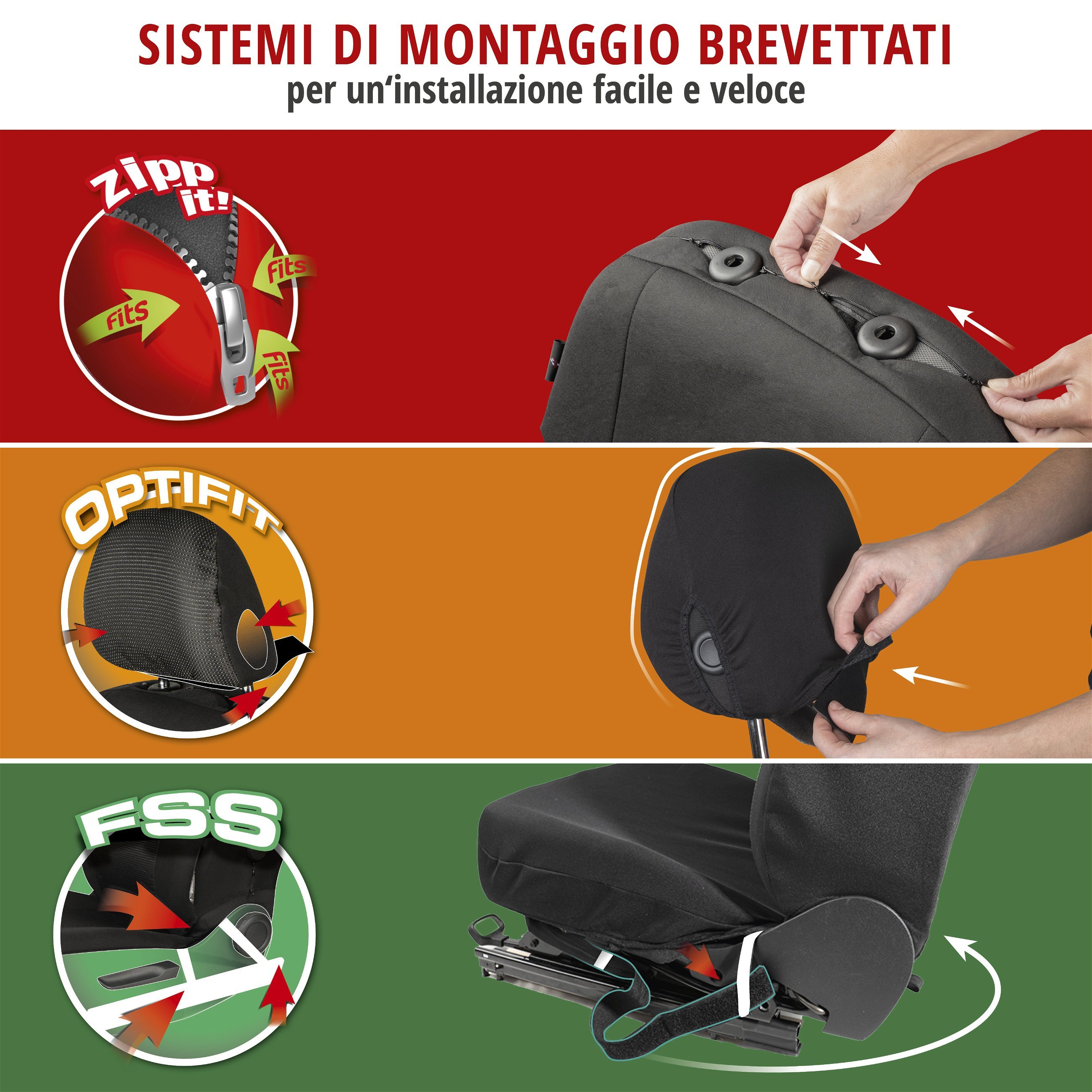 ZIPP IT Premium Coprisedili Avignon per due sedili anteriori con sistema di chiusura lampo nero/argento