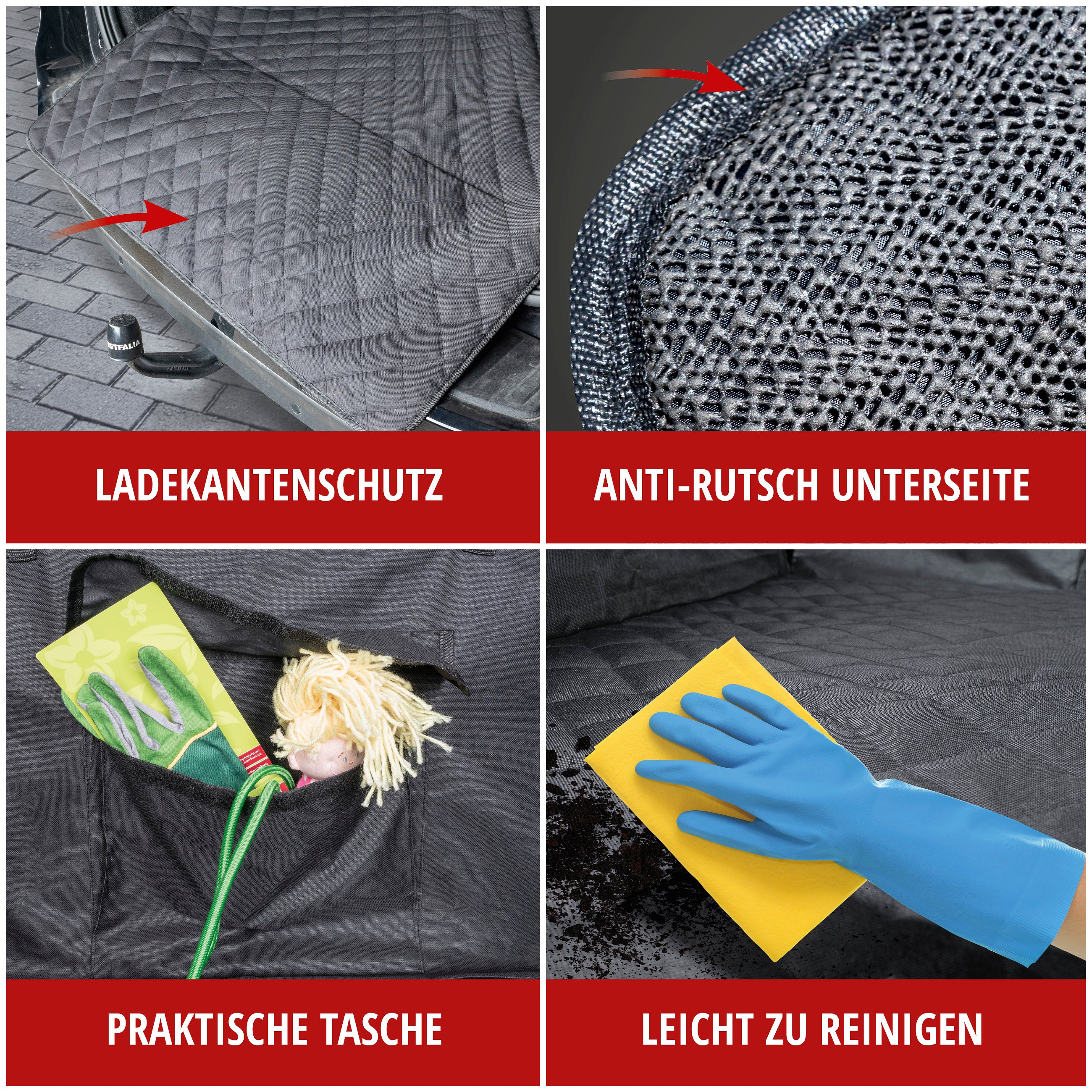 Kofferraumdecke Bello, Auto-Hundedecke, 3in1 Kofferraummatte mit Ladekantenschutz und Organizer schwarz