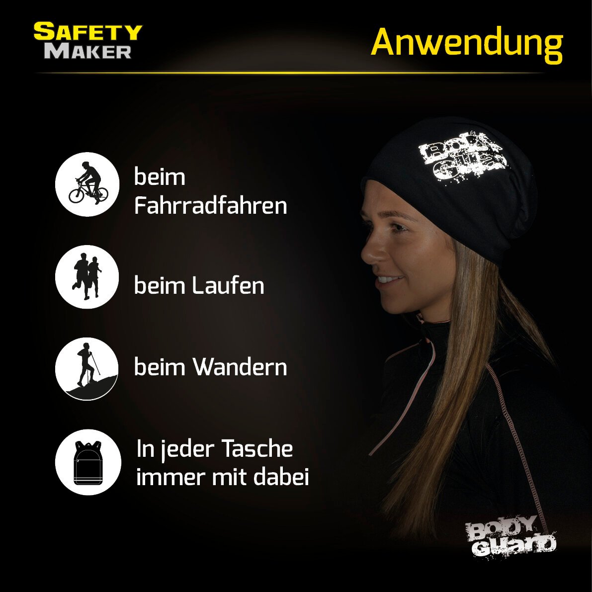 Wende Beanie, Mütze, Sportmütze mit reflektierendem Druck schwarz-silber
