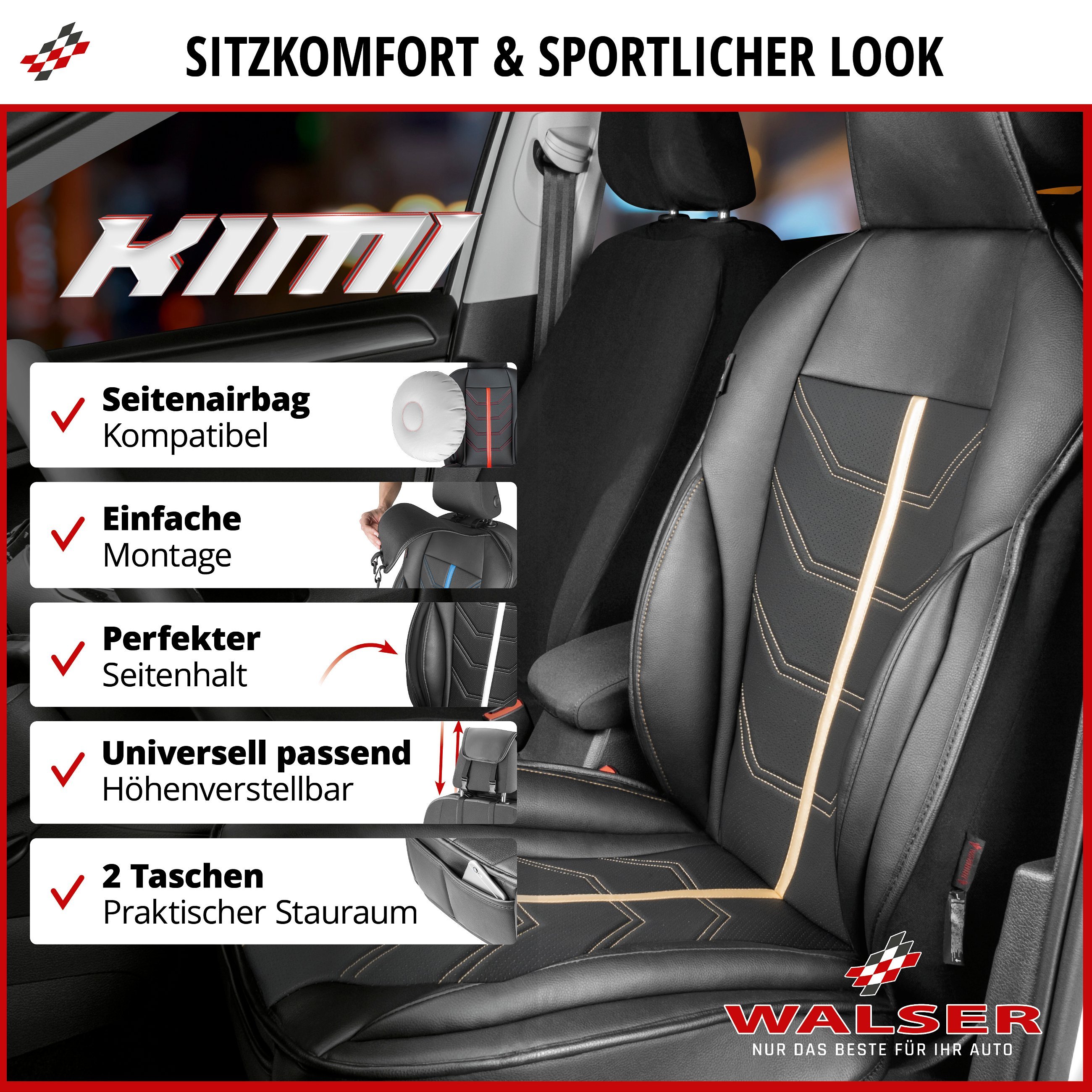 PKW Sitzauflage Kimi, Auto-Sitzaufleger im Rennsportdesign schwarz/gold