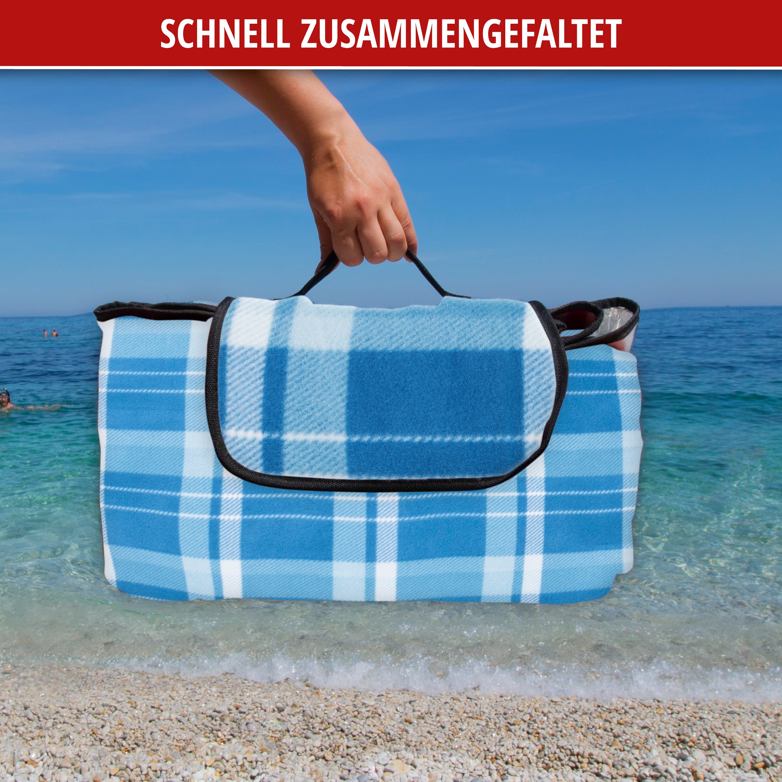 Reisedecke XXL, Campingdecke wärmeisoliert und wasserdicht, Urlaubsdecke mit Tragegriff blau/weiß-karo 200x200 cm