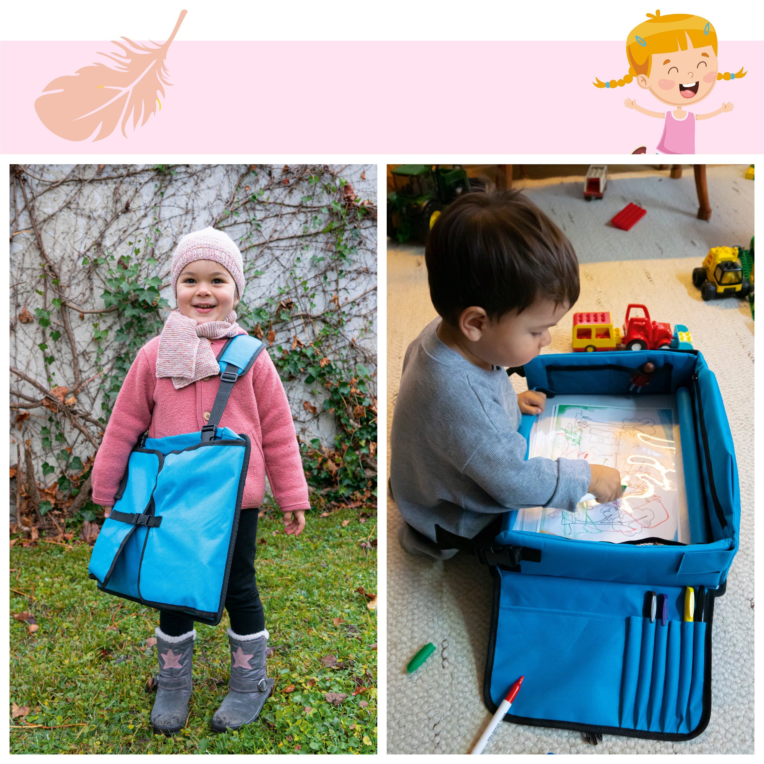 Children's travel play table for the car with tablet holder blue