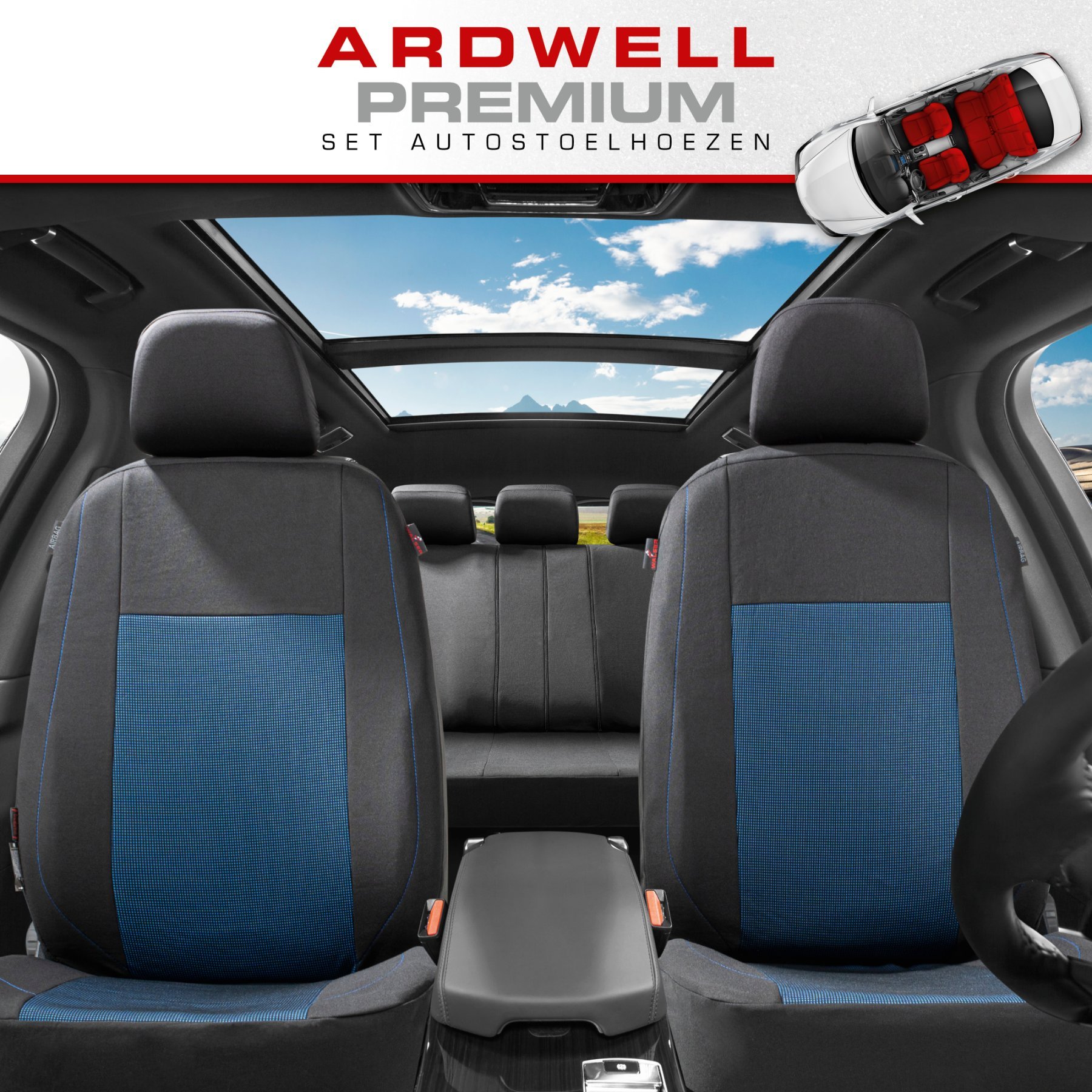 Premium Autostoelbekleding Ardwell met Zipper ZIPP-IT, Autostoelhoes set, 2 stoelbeschermer voor voorstoel, 1 stoelbeschermer voor achterbank zwart/blauw