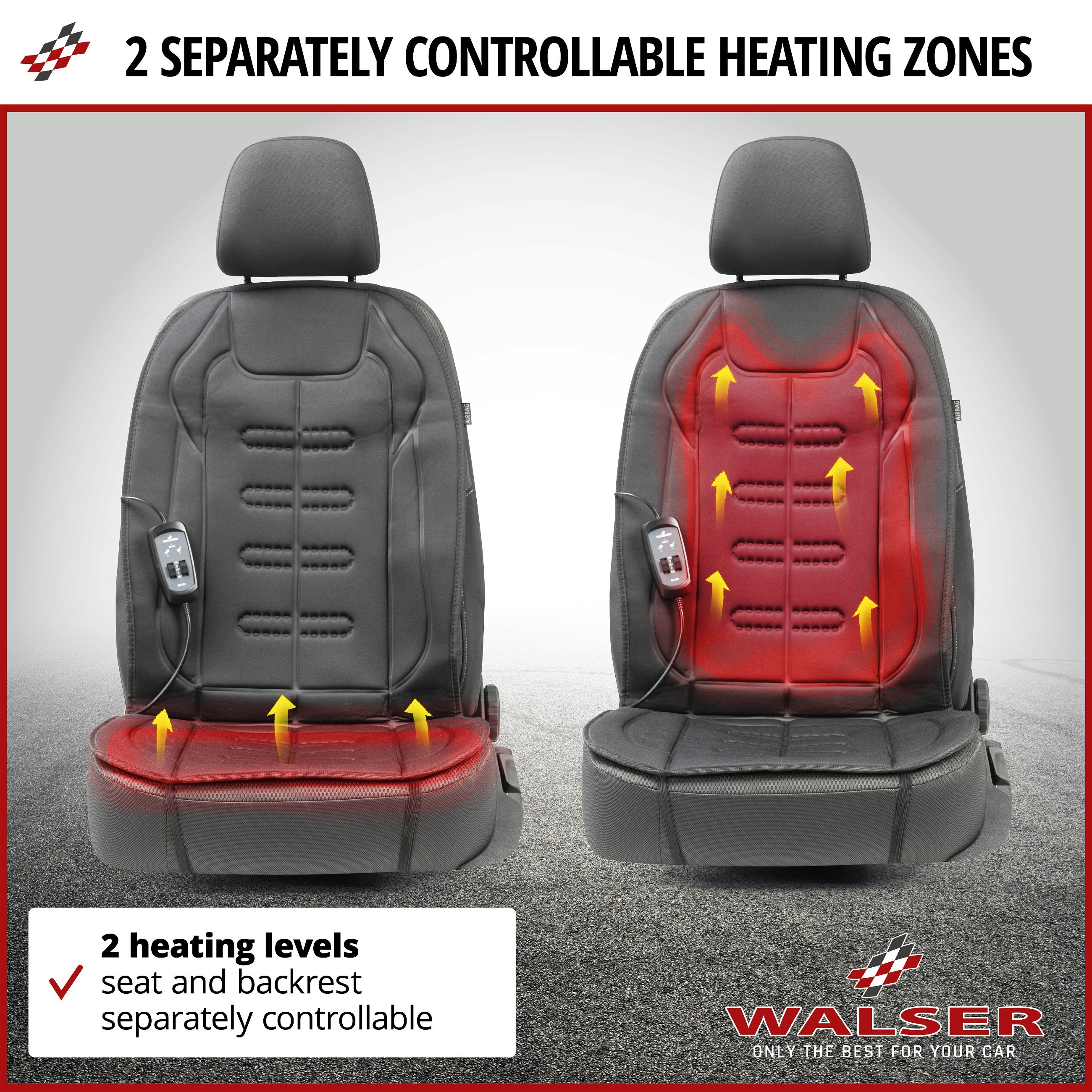 Premium heated seat cover, model Caldo - seat backrest & seat surface individually heatable, 2 heating levels selectable, car seat heating with 12-volt plug