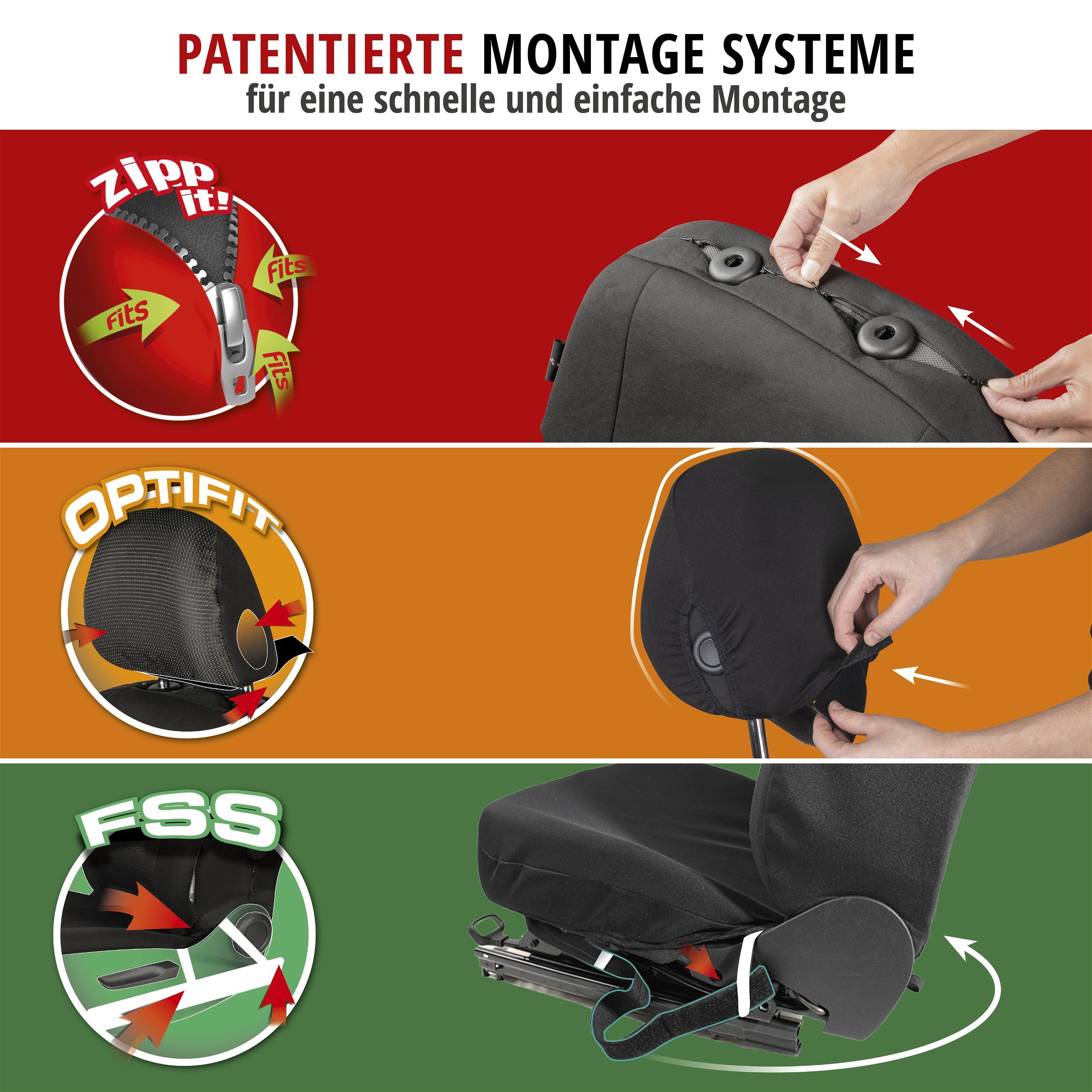 Autositzbezug ZIPP-IT Premium Avignon, PKW-Schonbezüge für 2 Vordersitze mit Reißverschluss-System schwarz/silber