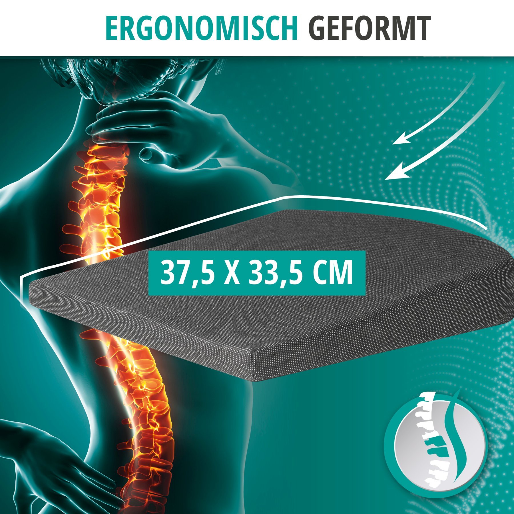 Sitzkeil Joel, Auto-Keilkissen, Sitzkissen für Auto, Büro 37x33 cm schwarz