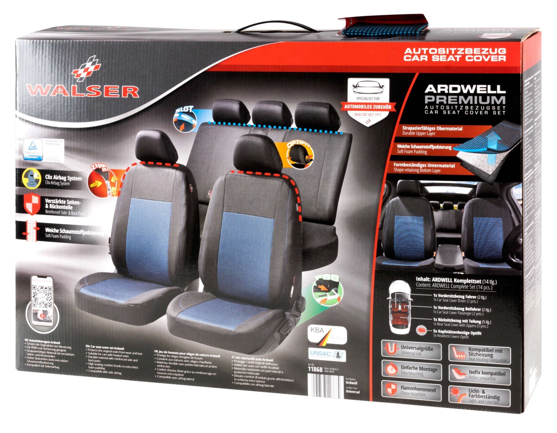 Premium Autostoelbekleding Ardwell met Zipper ZIPP-IT, Autostoelhoes set, 2 stoelbeschermer voor voorstoel, 1 stoelbeschermer voor achterbank zwart/blauw