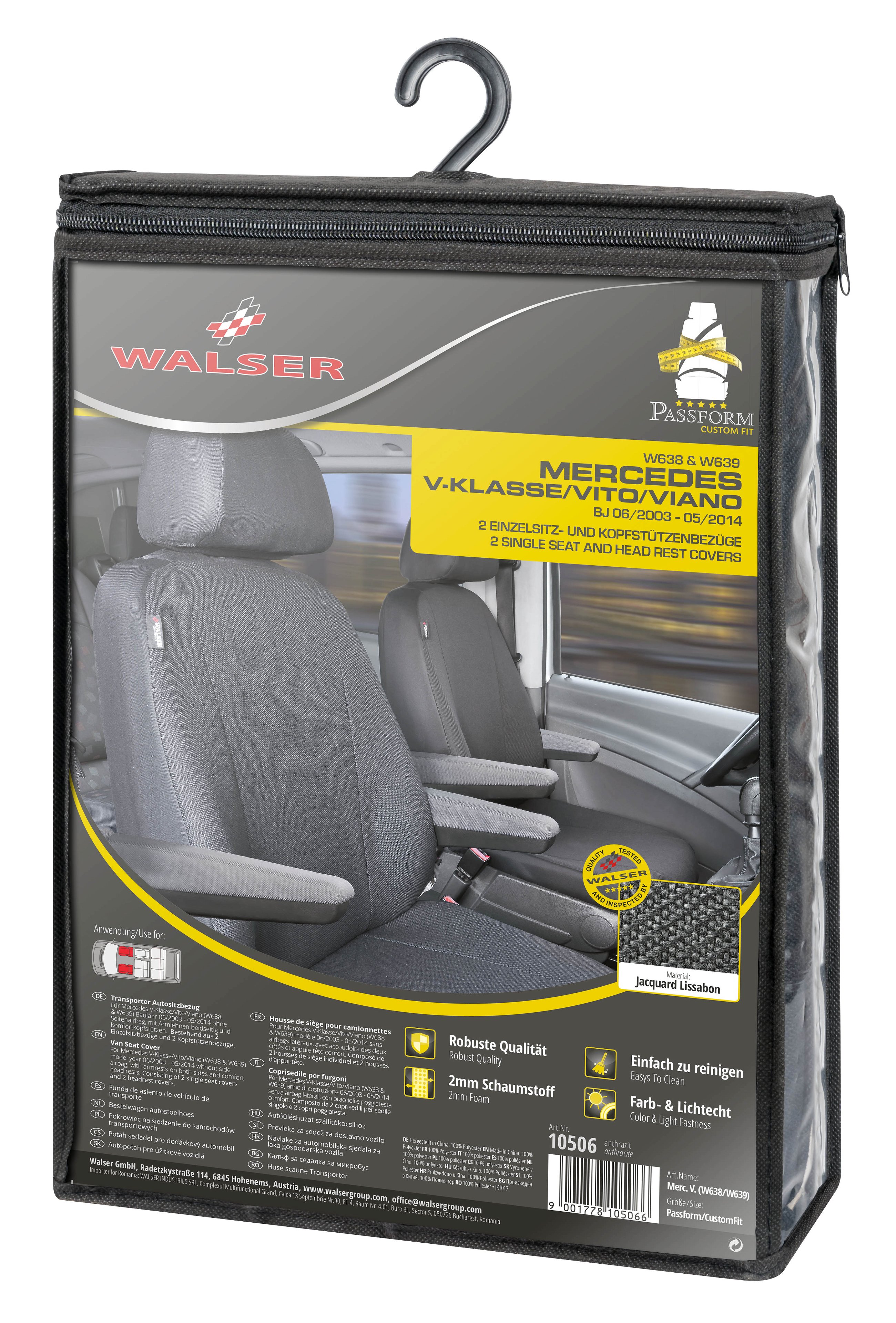 Seat cover made of fabric for Mercedes Vito/Viano, 2 single seat covers for armrest inside + outside