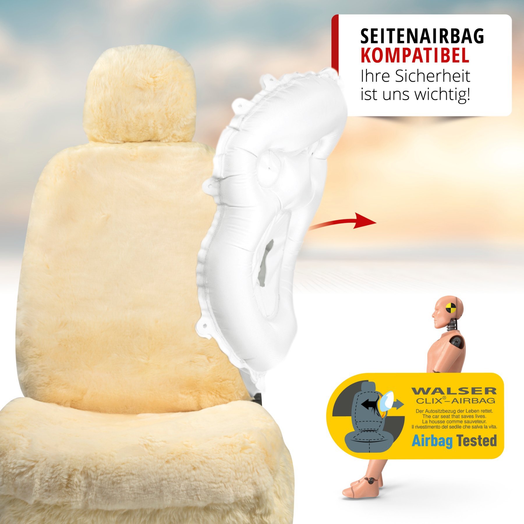Autositzbezug Maya aus Lammfell, PKW-Schonbezug Einzelsitz, Lammfellbezug beige