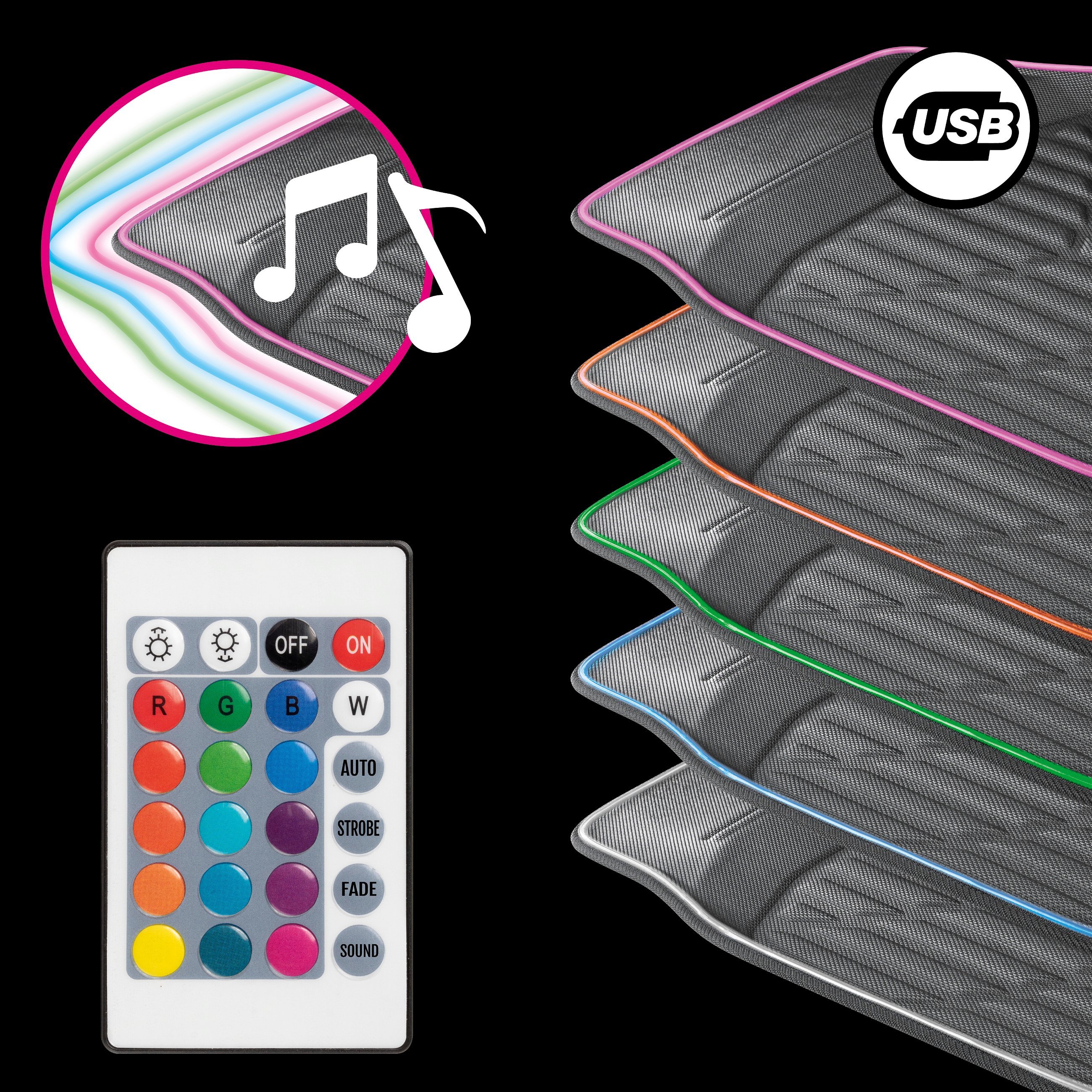 Tapis en caoutchouc LED Glow avec sélection des couleurs, diverses fonctions d'éclairage et télécommande pour un éclairage d'ambiance