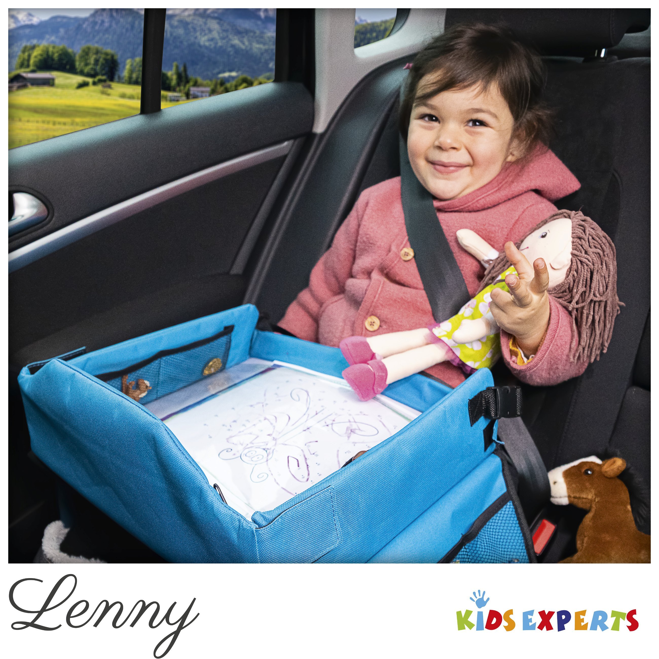 Children's travel play table for the car with tablet holder blue